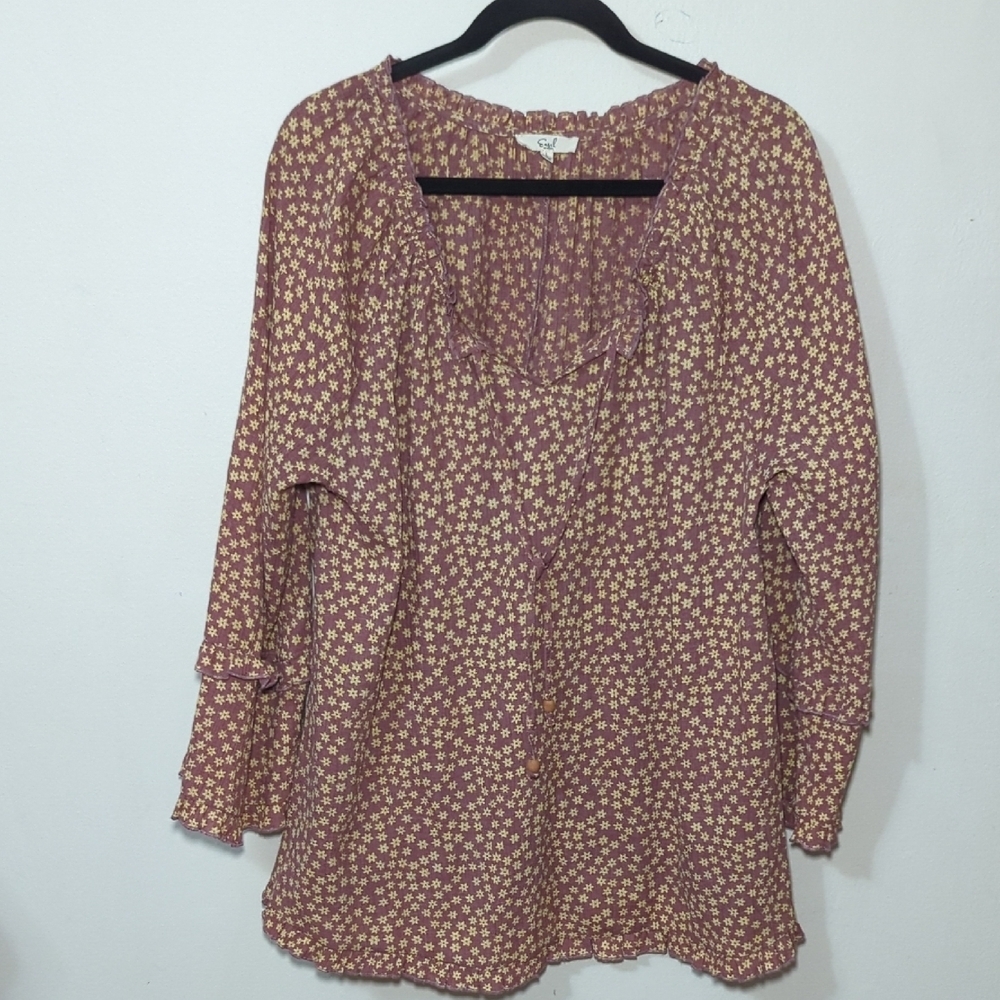 Easel Floral Tunic Brown + Cream Bell Sleeve V-neck Boho Cottage Women's Size L